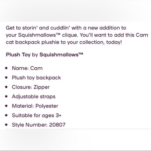 SQUISHMALLOW CAM THE CAT 12" BACKPACK PLUSH TOY NEW WITH TAG - Picture 11 of 11